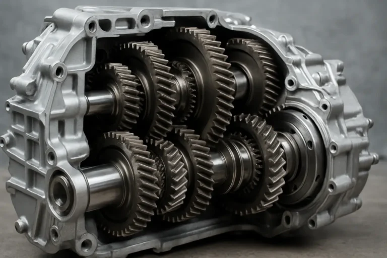 Detailed view of a modern automatic car transmission system showing mechanical gears and components — representing different types of car automatic transmissions.