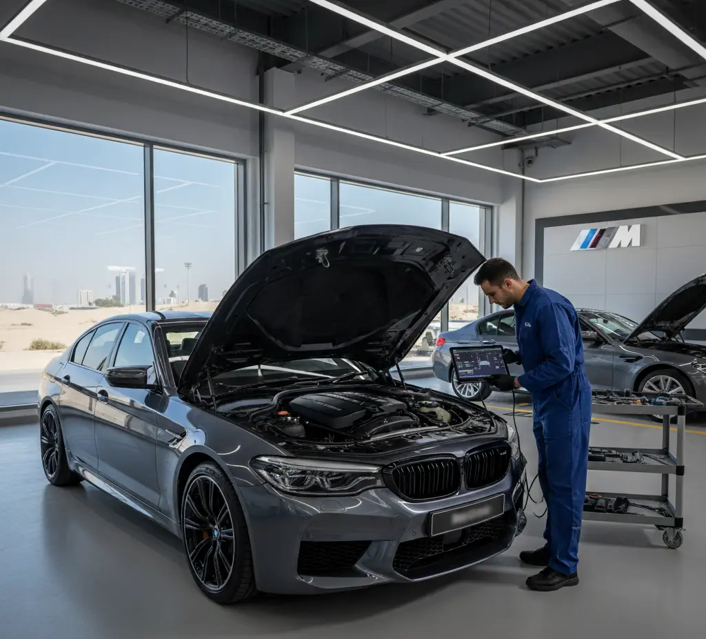 Mechanic diagnosing BMW engines problems at the best car workshop in Dubai for reliable repair and maintenance services.