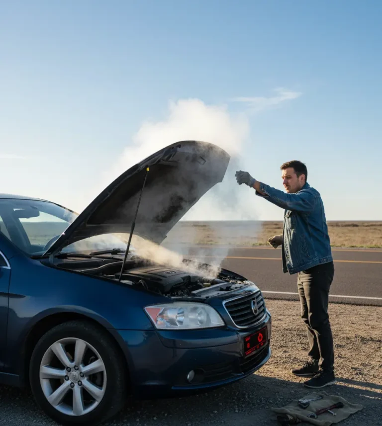 What to do when your car overheats - car engine with steam and high temperature gauge, highlighting car overheating issue.