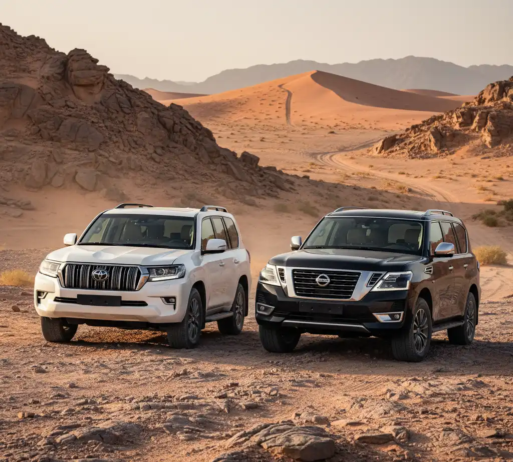 Comparison of Toyota Land Cruiser and Nissan Patrol SUVs showing off-road capabilities, power, and design.