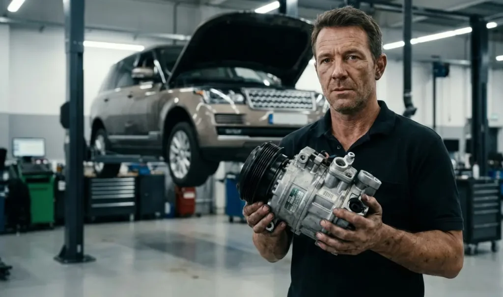 A professional mechanic inspecting if car AC compressors are universal during a repair service